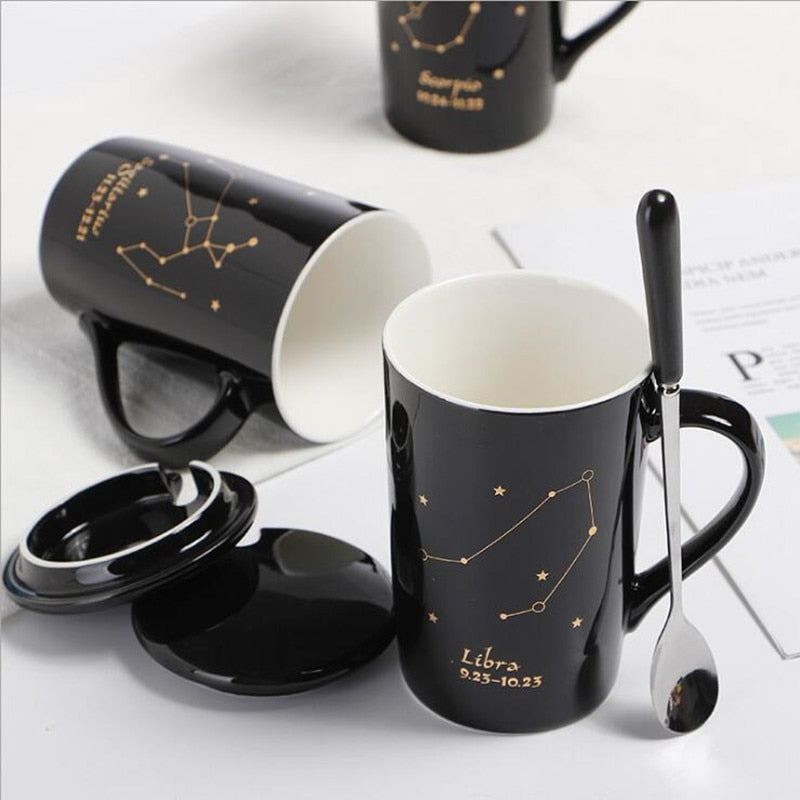 Con caja de regalo, tazas de cerámica creativas de 12 Constelaciones con tapa de cuchara, taza de café con leche del zodiaco de porcelana negra y dorada, agua de 400ML