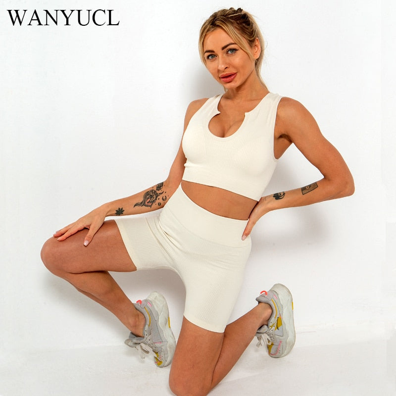 Frauen Zweiteiler Sporstwear Nahtloses Yoga Set Sexy Gerippter Sport-BH Top Hohe Taille Yoga Leggings Sets Gym Fitness Kleidung