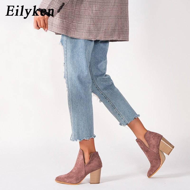 Eilyken Women Designer Ankle Elegant Boots Low High Heels 8cm  Zipper Short Quality Boots Shoes SIZE 36-43