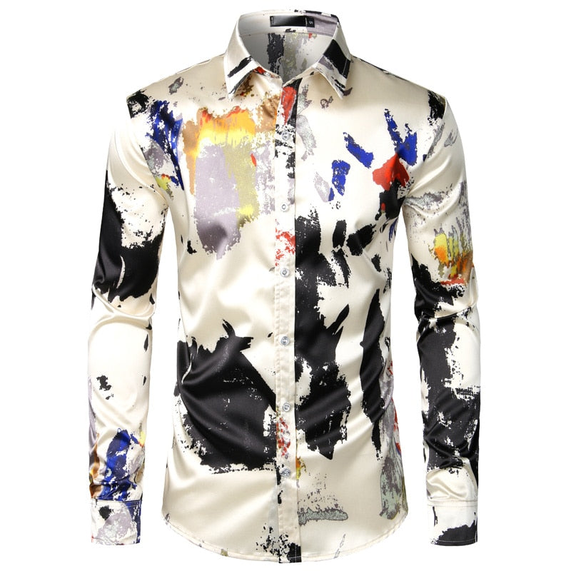 Feather Printed Silk Shirt Men Satin Smooth Men Long Sleeve Casual Party Button Down Men Designer Shirts for Men Camisas Hombre