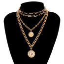 IngeSight.Z Punk Multi Layer Curb Cuban Chunky Thick Portrait Choker Halskette Damen Vintage geschnitzte Münze Anhänger Halskette Schmuck