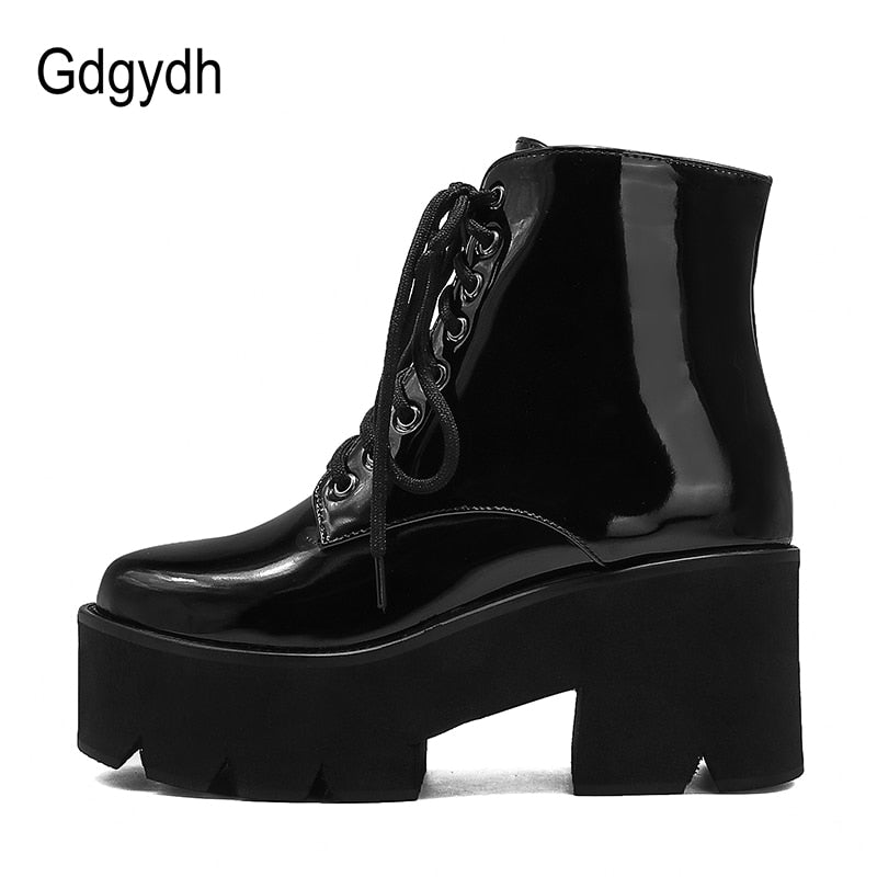 Gdgydh Punk Style Plateauabsatz Damen Stiefeletten Chunky Motorradstiefel für Damen Lackleder Lila Gelb Schuhe Große Größe