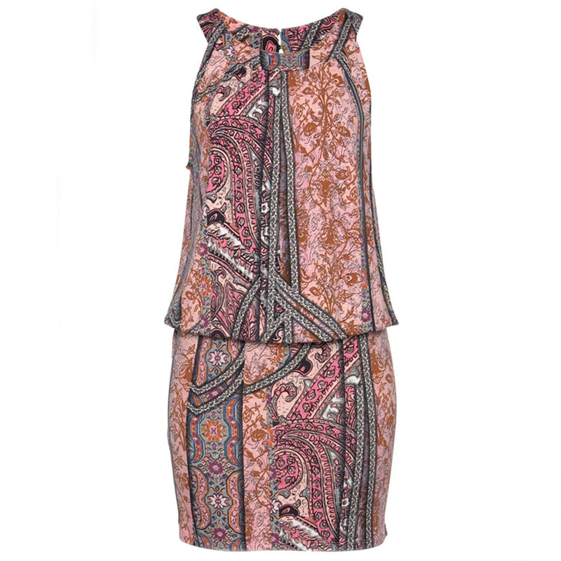 Paisley Mix Print Vestidos Mujer Verano O-cuello Tanque Sin mangas Espalda ahuecada Cintura elástica Estilo de playa Bodycon Mini vestido