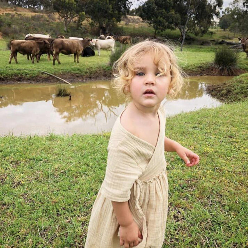 2020 neue Sommer-Baby-Kleider European America Kleinkind-Kind-Mädchen-Kleid-beiläufige Leinenkleidung Rüschen süße Prinzessin Dress