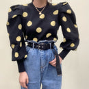 Korean Puff Sleeve Women Pullover Knitwear 2020 Spring Autumn Polka Dot Winter Top Knitted O-Neck Sweater Bottom Jumper