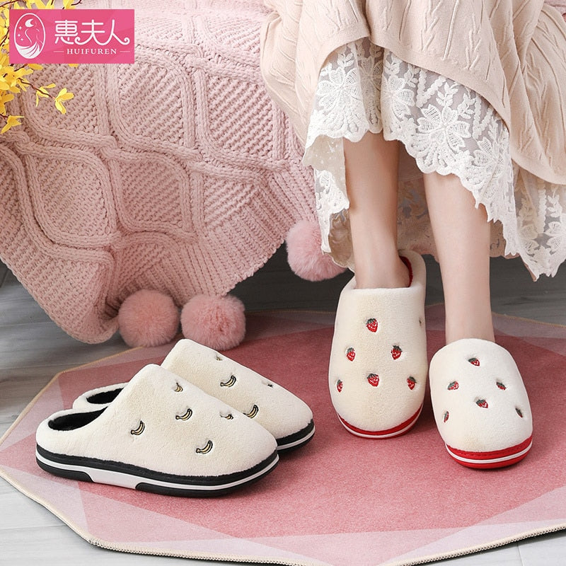 Fashion Fruit Indoor Slippers Women Warm Plush Home Slipper Anti-slip Soft Lovers Winter Shoes Banana Cherry Ladies Slides SH450