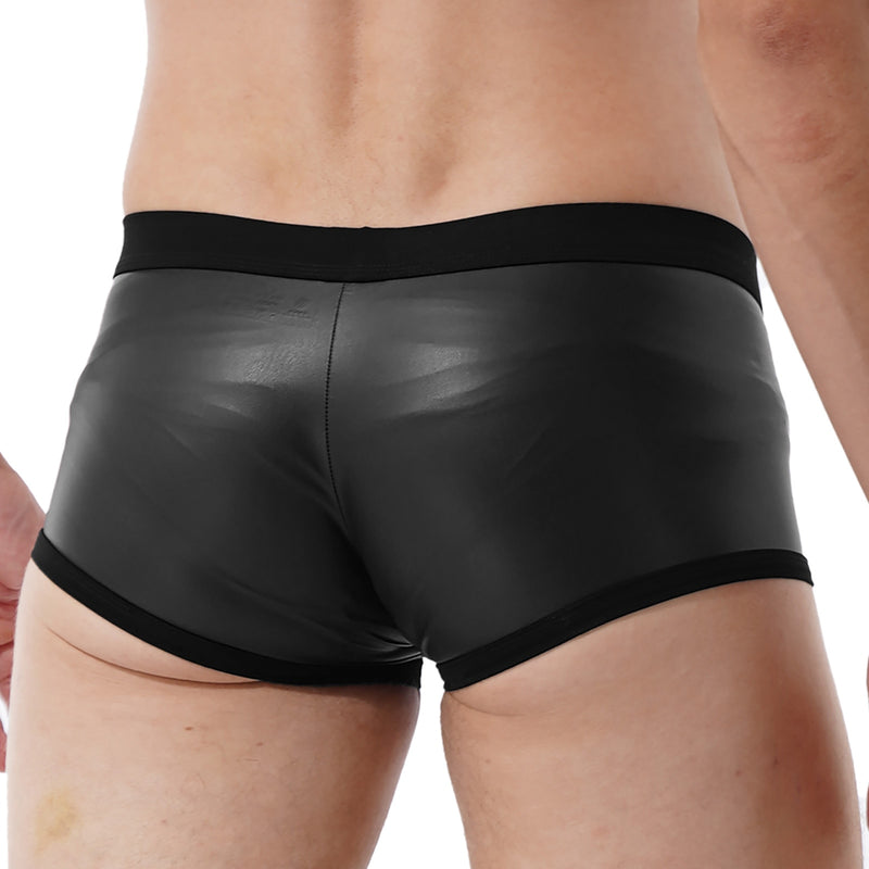 Mens Low Waist Faux Leather Boxer Shorts Sports Swimming Trunks Swimwear Board Shorts Bulge Pouch Elastic Waistband Underpants
