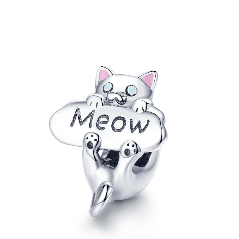 WOSTU Süße Katze Charms 925 Sterling Silber Tier Pussy Zirkonia Perlen passend für Original Armband Anhänger DIY Halskette Schmuck