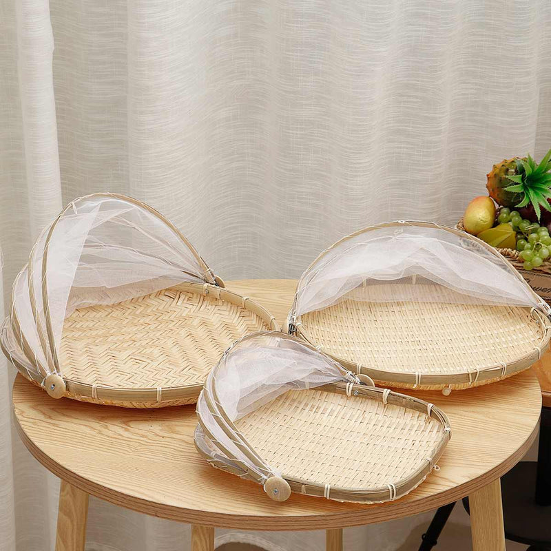 Hand-Woven Food Serving Tent Basket Tray Fruit Vegetable Bread Storage Basket Simple Rattan Outdoor Picnic Mesh Net Cover