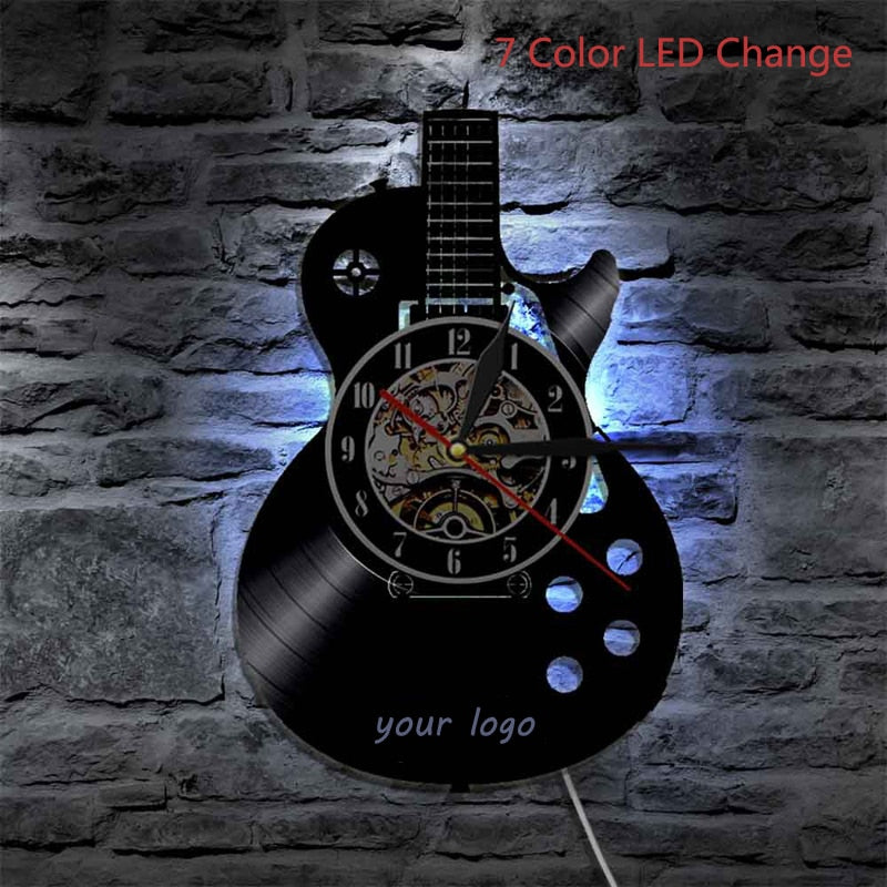 Vinyl Record LED Wall Clock Modern Design Music Theme Guitar Clock Wall Watch Home Decor Musical Instruments Gift For Music Love