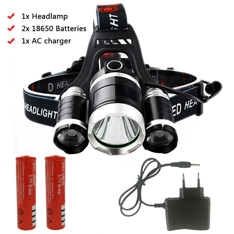 3 Led Headlamp Rechargeable XM-L T6 Headlight light Lantern Head Lamp Flashlight zoomable 18650 Battery Hunting fishing lighting