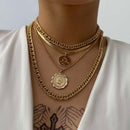IngeSight.Z Punk Multi Layer Curb Cuban Chunky Thick Portrait Choker Halskette Damen Vintage geschnitzte Münze Anhänger Halskette Schmuck