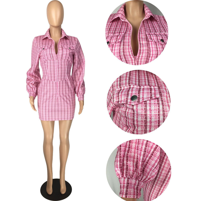 Plaid Women Mini Dress 2021 Autumn Puff Long SleevBodycon Shirts Dresses Sexy Club Party Outfits