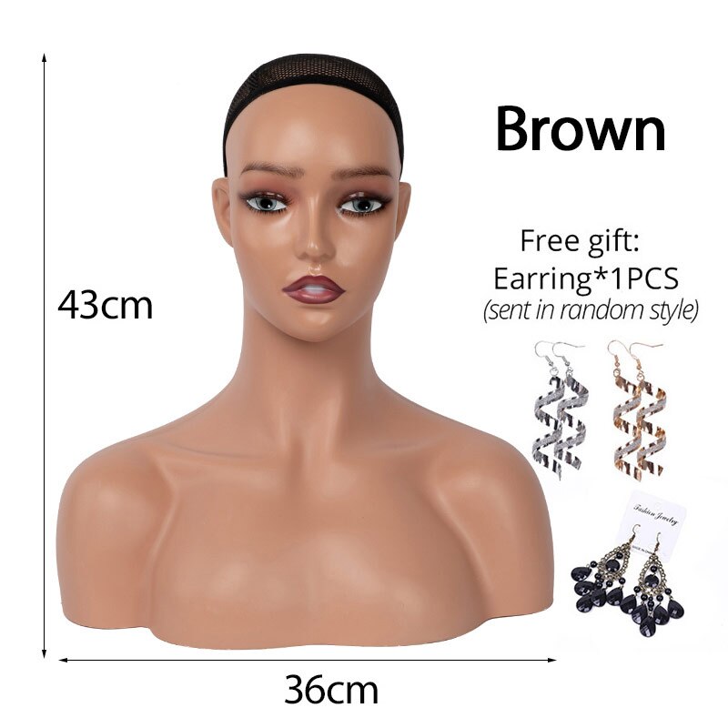 Cabeza de maniquí realista para mujer con hombros modelo de exhibición de peluca africana colores marrón oscuro Beige cabeza de muñeca para sombrero gafas