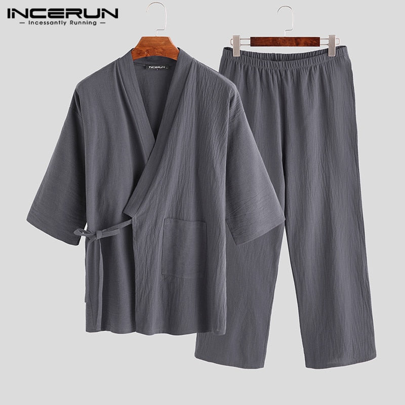 Japanese Mens Kimono Pajamas Suits Male Robe Gown 2Pcs/Set Lounge Bathrobe Sleepwear Loose Man Cotton Comfortable Pajamas Hombre