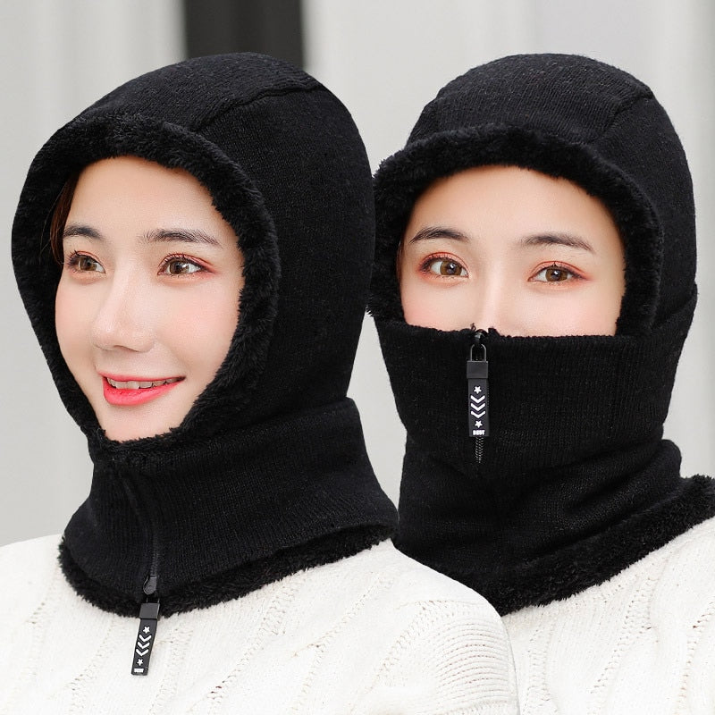 1pcs Women Winter Knitted Hat New Add Fur Lined Warm Winter Hats For Women With Zipper Keep Face And Ear Warmer Balaclava Cap