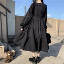 YBYR Japanese Harajuku Women Black Midi Dress Gothic Style Suspenders Bandage Dress Vintage Ruffles Long Baggy Cosplay Costume
