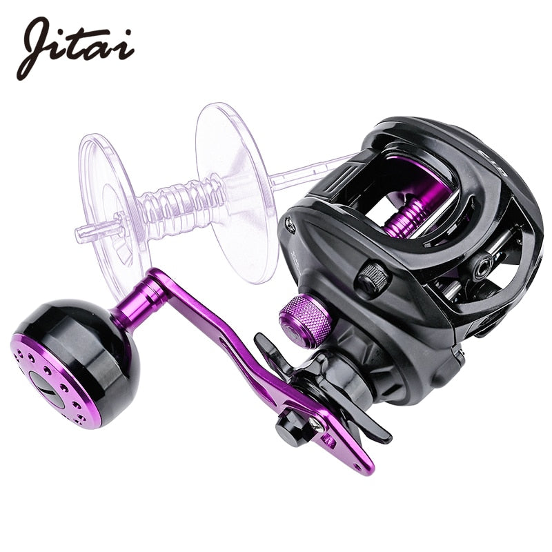 Carrete de pesca JITAI Baitcast, línea de pesca más grande, capacidad 12BBs 7,0: 1, relación de engranaje, perilla de mango extendido de 92MM, arrastre de fibra de carbono de 8KG