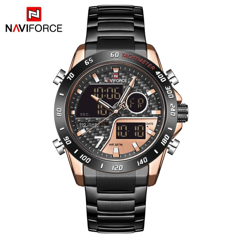 NAVIFORCE Luxury Brand Quartz Men Watches LED Digital Sport Wristwatches Steel Strap Waterproof Business Clock Relogio