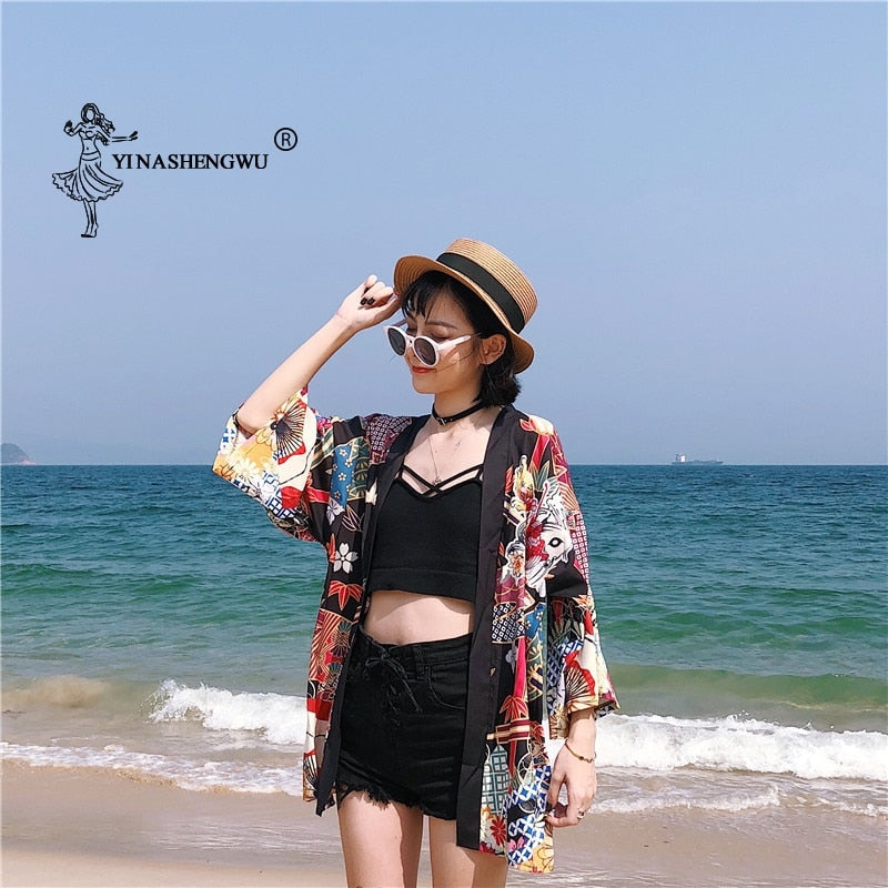 Yukata Women Kimono Cardigan Japan Kimonos Asia Clothes Summer Fish Print Shirt Top Casual Kimonos Kawaii Kimono Cosplay Costume