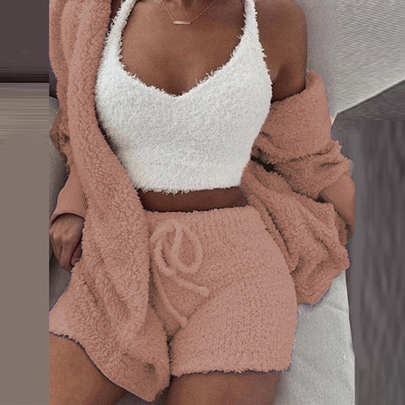 Three Piece Sexy Fluffy Sets Velvet Plush Hooded Cardigan Coat+Shorts+Crop Top Women Tracksuit Casual Sports Overalls Sweatshirt