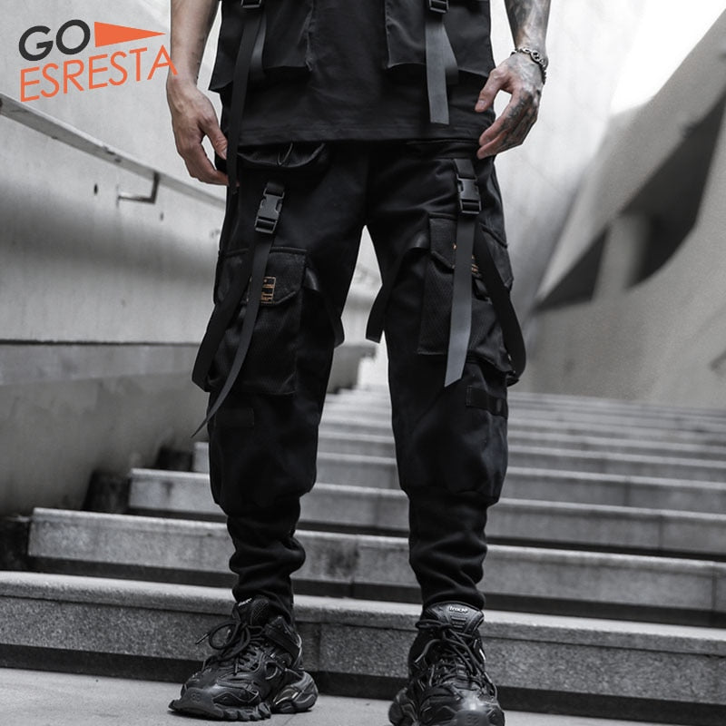 Cotton Hip Hop Cargo Pants Men Streetwear Ribbon Trousers Casual Harem Joggers Sweatpants  Harajuku Tide Brand Mens Clothing