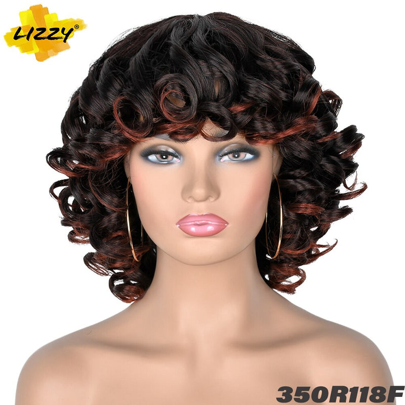 Kurzhaar-Afro-Lockenperücke mit Pony, lose, synthetische, flauschige, schulterlange, natürliche Perücken für schwarze Frauen, dunkelbraun, 35,6 cm