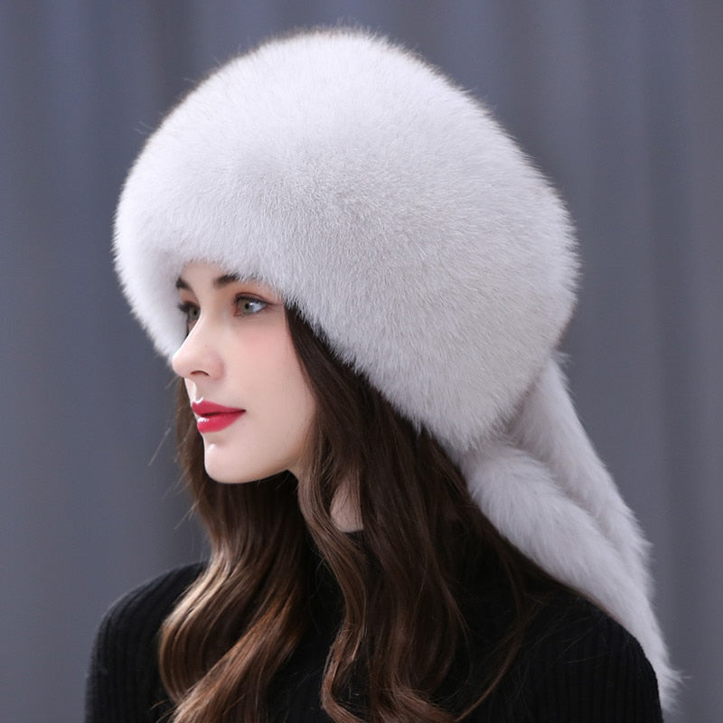 Winter Real Fox Fur Hats For Women Winter Stylish Russian Thick Warm Beanie woman Hat Natural Fluffy Fur Caps With Tail