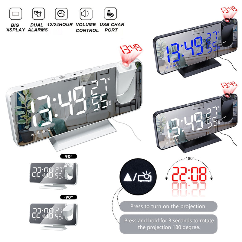 3 Color LED Digital Alarm Clock Radio Projection With Temperature And Humidity Mirror Clock Multifunctional Bedside Time Display