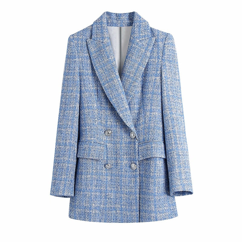 Za 2021 Women Suit Jacket Tweed Blazer Women Jacket Femme Plaszcz Wiosenny Damski Sobrecamisa Cuadros Plaid Checkered Blazer