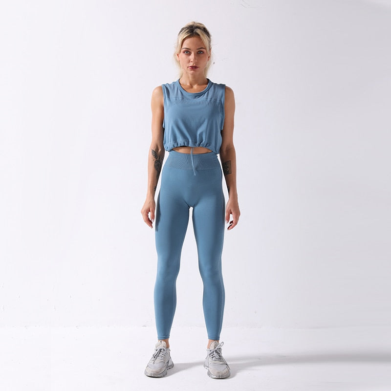 WANYUCL 2021 Seamless Suit Women 2pcs Sport Leggings And Top Workout Sleeveless Vest Elastic Yoga Set Girl Fitness Gym Sportwear