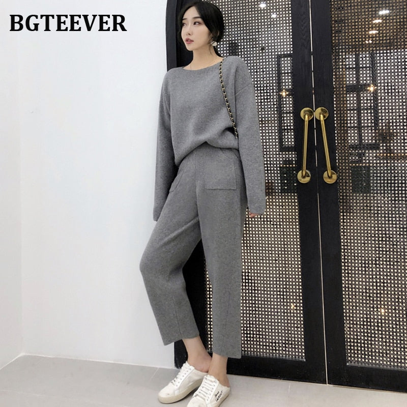 Casual Sweater Tracksuit O-neck Pullovers & High Waist Pants Women Sweater Sets Knitted Set Autumn Winter Knitted 2 Pieces Set