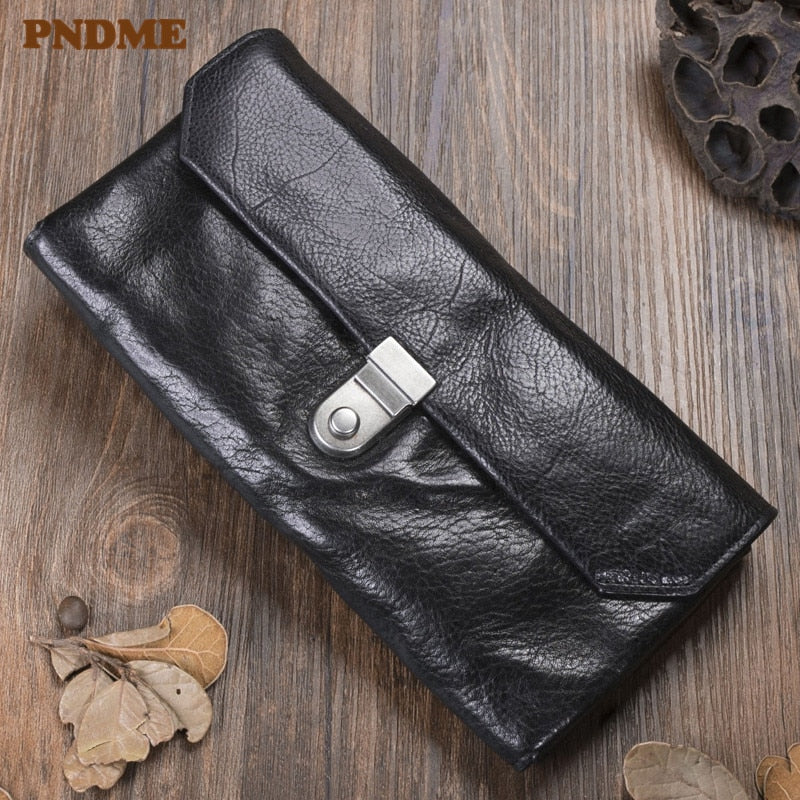 Fashion casual natural genuine leather men's long clutch wallet vintage designer first layer cowhide women lock phone coin purse
