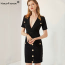 HarleyFashion New Design 2023 Summer Sheath Knit V-neck Short Sleeve Black Hole Mini Casual Quality Straight Elastic Dress
