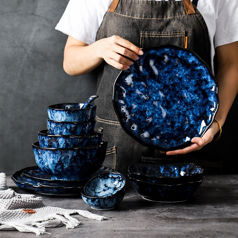 Platos y cuencos De cerámica para cena, platos azules, vajilla creativa japonesa Retro con horno cambiado, juego De vajilla, Platos De Cena