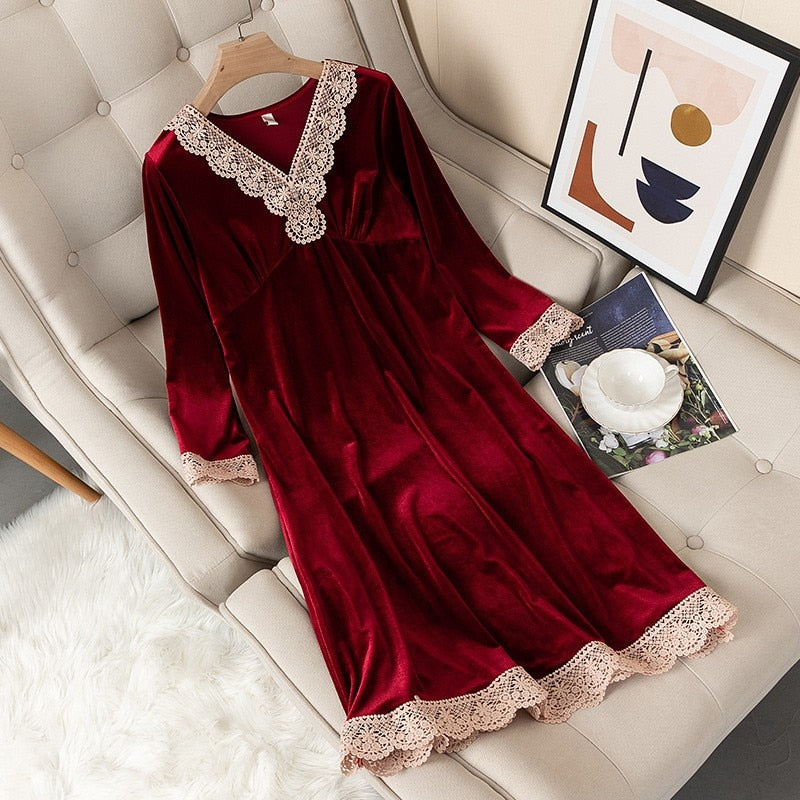 Nightgown Autumn V-Neck Nightdress Women Sleepwear Velvet Nightwear Home Dressing Gown Long Sleeve Intimate Lingerie Negligee