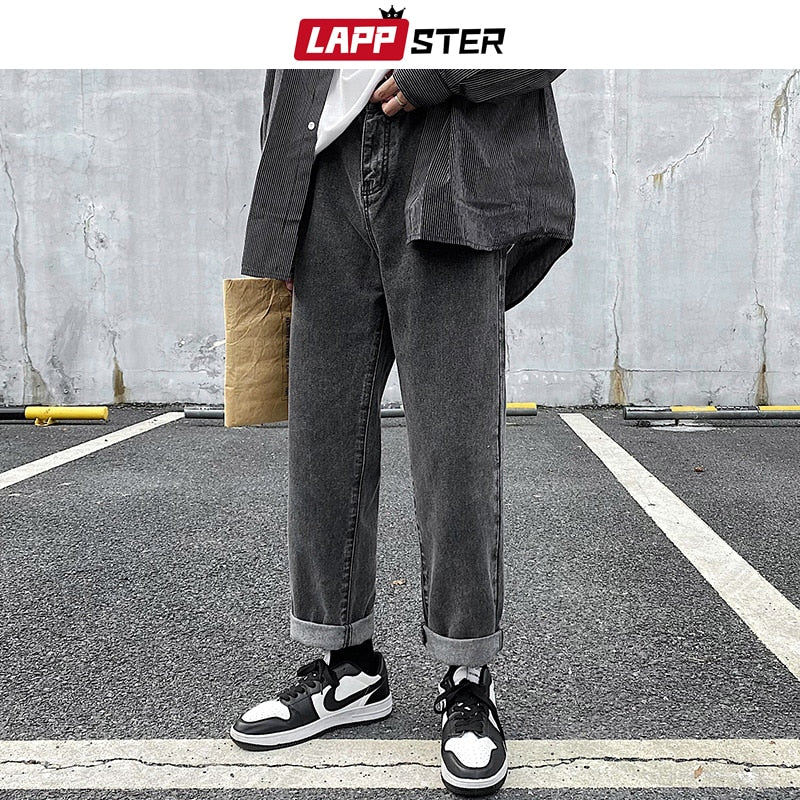 LAPPSTER Men Grey Streetwear Baggy Jeans 2022 Mens Kpop Solid Denim Pants Couple High Waisted Vintage Oversized Joggers Pants