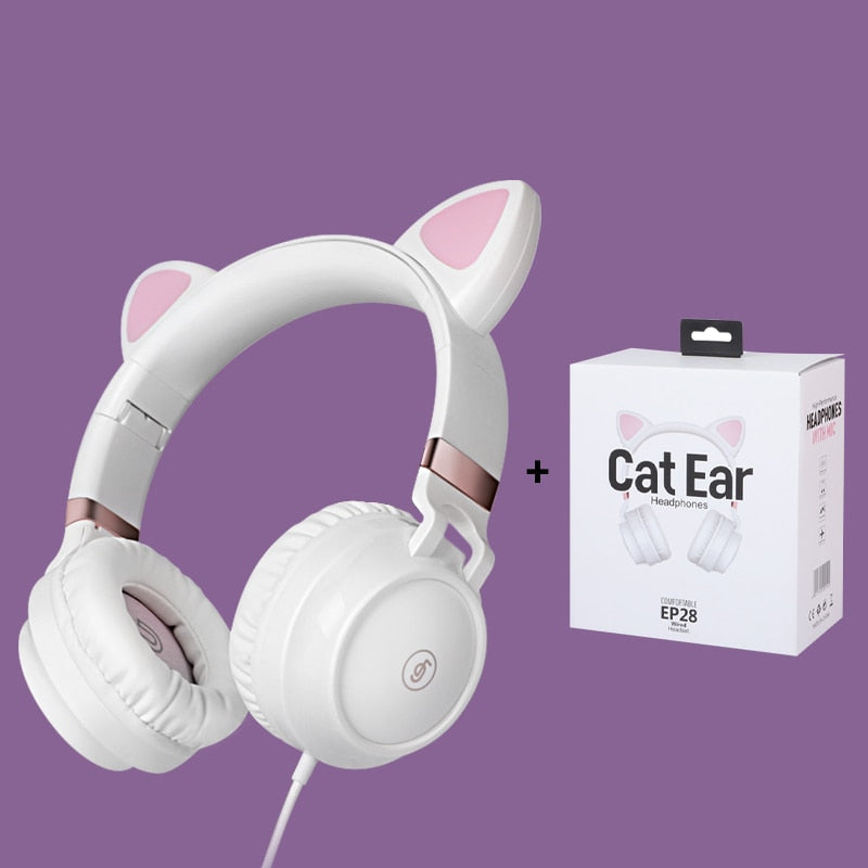 Cute Cat Ear Headphone Wired Headphones Muisc Stereo Earphones Wired Headset with Microphone Adult Girl Kid Child Headset Lovely