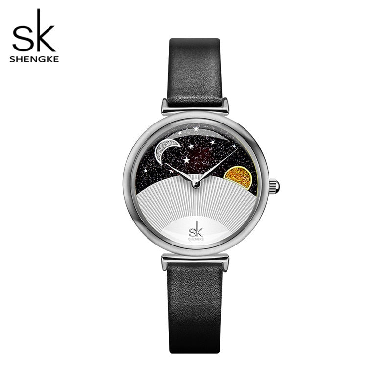 Reloj Shengke de moda azul para mujer, reloj de cuarzo de cuero para mujer, reloj de pulsera informal resistente al agua, esfera romántica con luna y estrellas