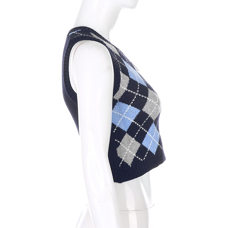 Sweetown Argyle Plaid Knitted Tank Top Female Knitwear Preppy Style Clothes V Neck Casual Crop Sweater Vest 90s Streetwear