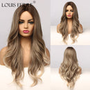 LOUIS FERRE Ombre Black Brown Cosplay Synthetic Wigs Long Middle Part Wavy Natural Hair Wig For Black Woman Afro Heat Resistant