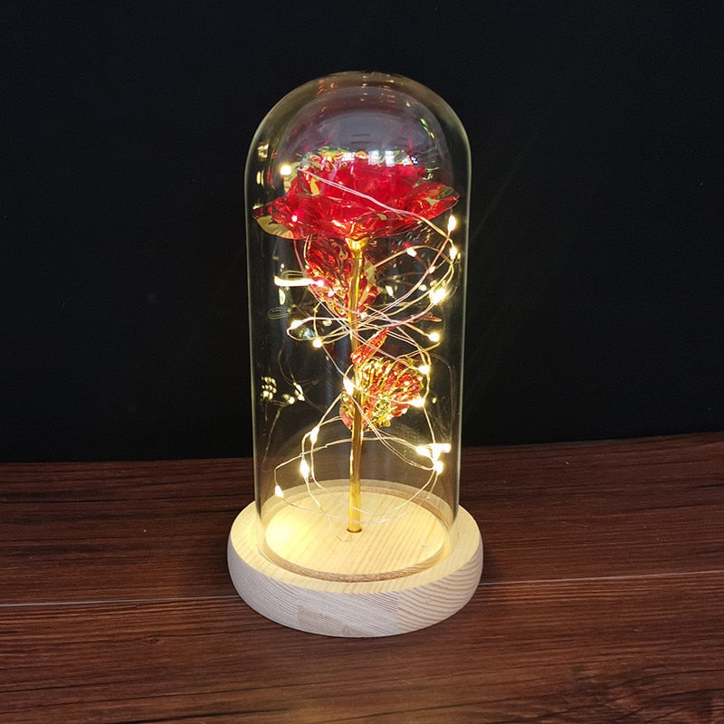 LED Enchanted Galaxy Rose Ewige 24 Karat Goldfolie Blume mit Lichterketten in Kuppel für Heimdekoration Weihnachten Valentinstagsgeschenk