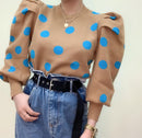 Korean Puff Sleeve Women Pullover Knitwear 2020 Spring Autumn Polka Dot Winter Top Knitted O-Neck Sweater Bottom Jumper