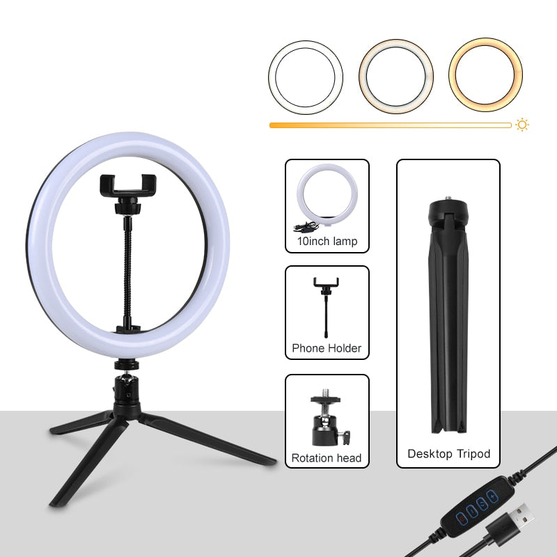 Dimmable Ring Light Selfie LED Round Lamps USB With Phone Holder 1.6M Tripod Stand For Tiktok Video Light Makeup Photography Set