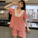 Pajama Sets Women Homewear Cotton Plaid Lace Bowknot Short Patchwork Kawaii Womens Cute Lolita Style 2 Piece 2020 Pajamas New