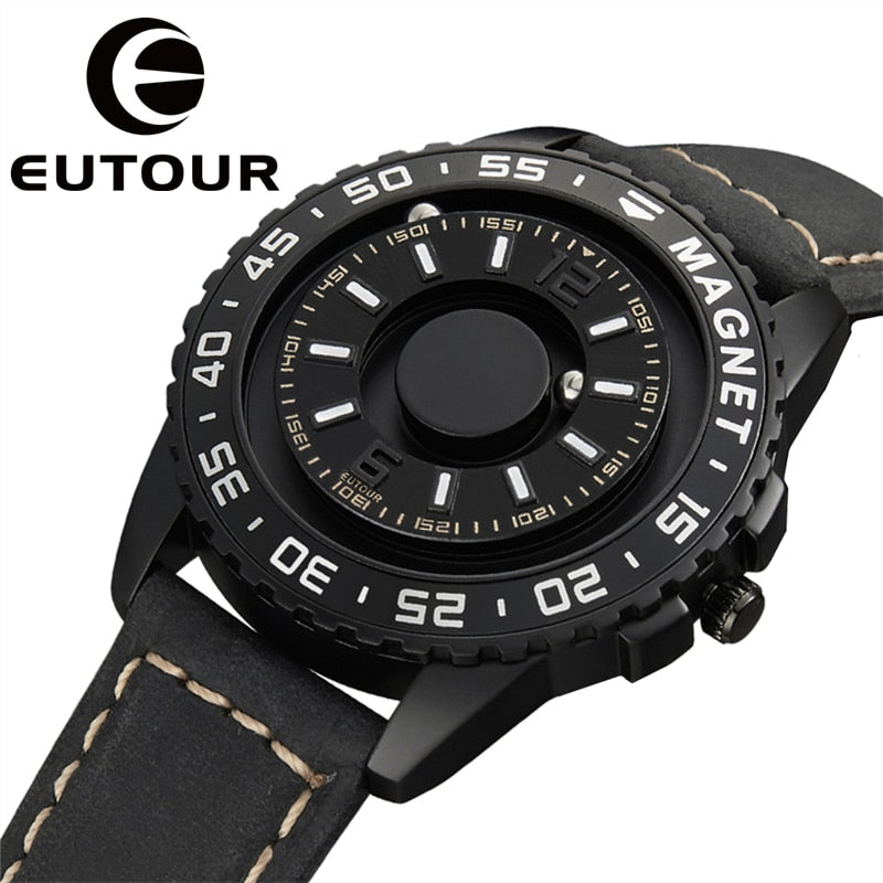 EUTOUR Original brandneue magnetische schwarze Technologie ohne Zeiger Herren- und Damen-High-End-Quarzuhr-Lederarmband