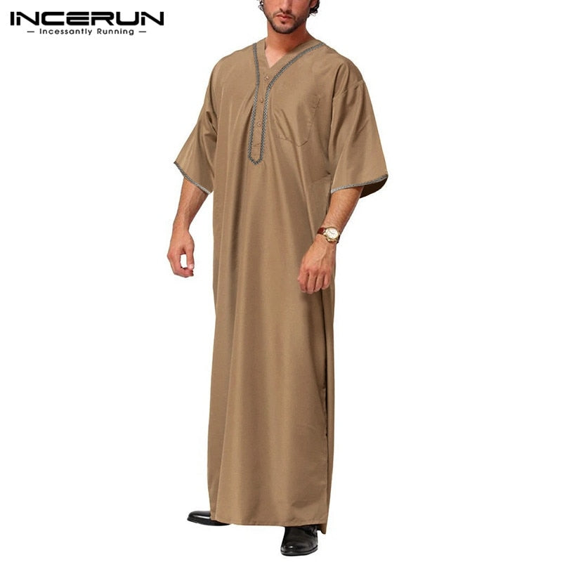 Hombres Vintage media manga musulmán Kaftan batas ocio cuello en V impreso Jubba Thobe Casual sólido Patchwork ropa árabe 5XL INCERUN