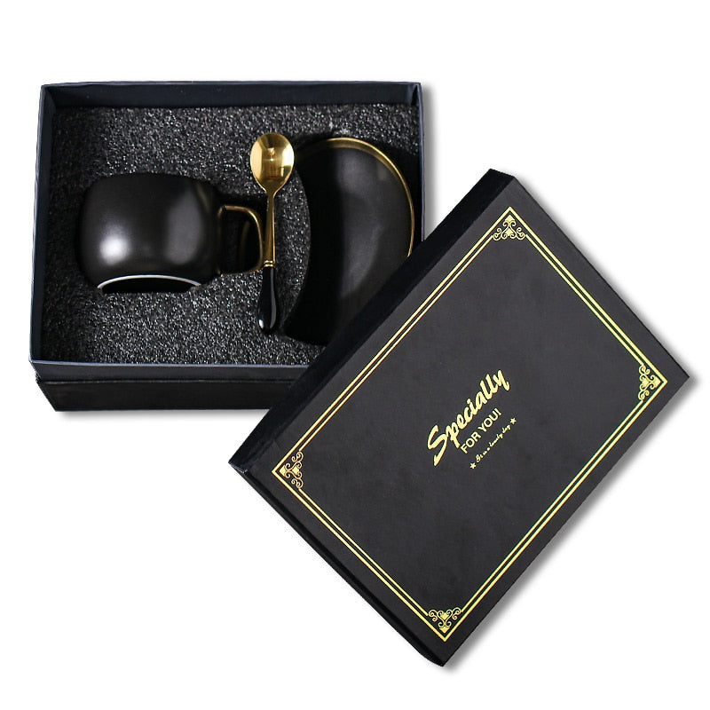 Luxury Black Gold Ceramic Coffee Cup Espresso Coffee Tea Breakfast Milk Cup And Saucer Set With Spoon And Saucer Gift Box Set