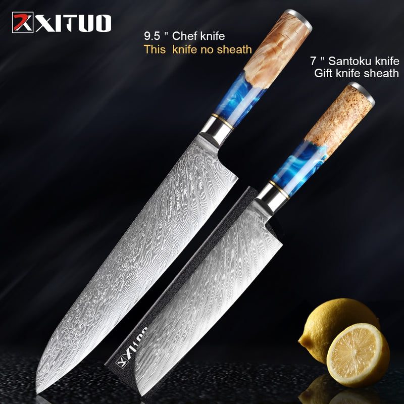 XITUO Kitchen Knives-Set Damascus Steel Chef Knife Cleaver Paring Utility Bread Knife Cooking Tool Blue Resin Handle 1-6Pcs/Set