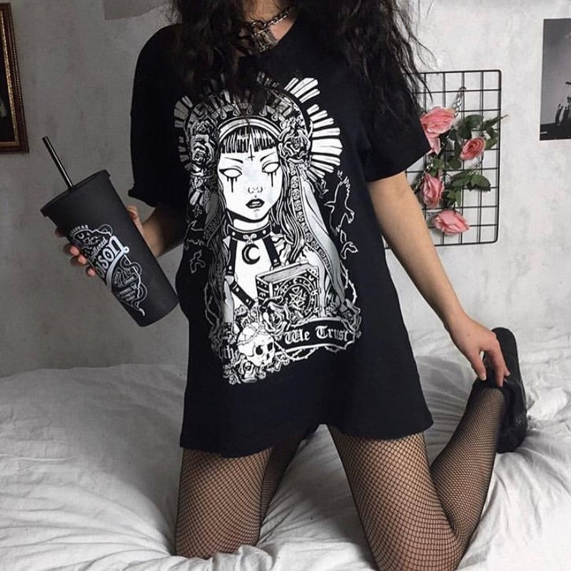 Kuakuayu HJN Ouija Board mujeres góticas camiseta negra Grunge Swag camiseta gráfica ropa de Halloween